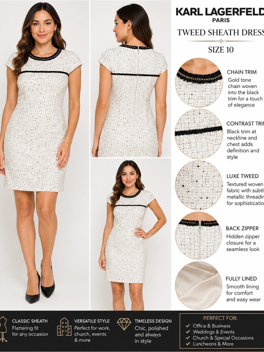 Karl Lagerfeld Cream Tweed Sheath Dress with Black Trim and Chain Detail